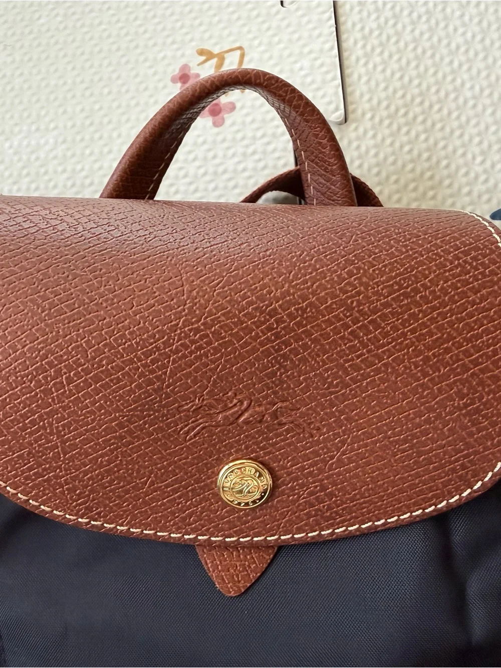 Longchamp Black Nylon Backpack with Brown Leather Flap